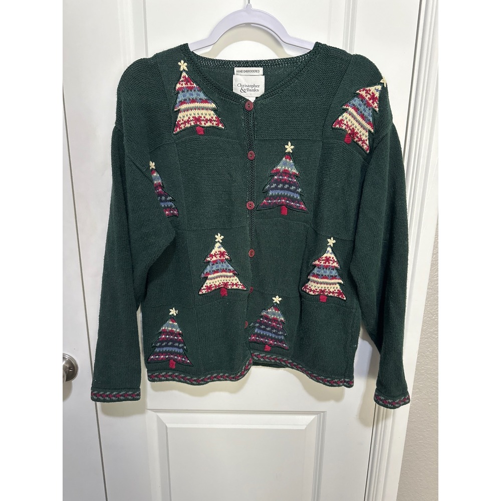 Christopher & Banks Christmas Tree Cardigan Green Hand Embroider Medium